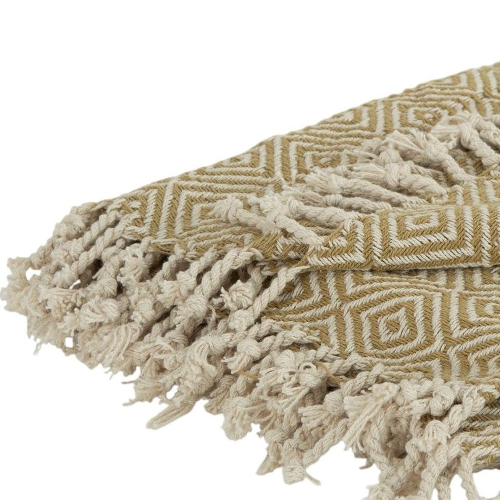 50" X 60" Natural Cotton Woven Geometric Throw Blanket with Fringe HomeRoots