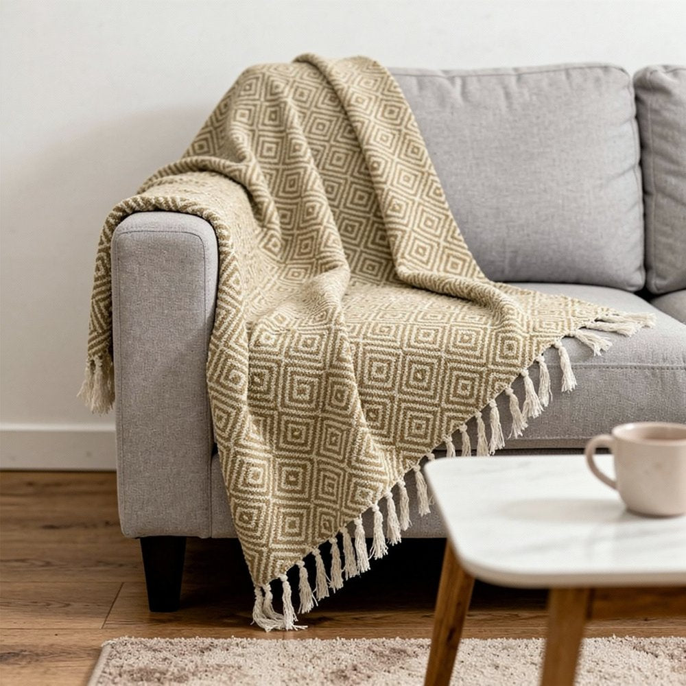 50" X 60" Natural Cotton Woven Geometric Throw Blanket with Fringe HomeRoots