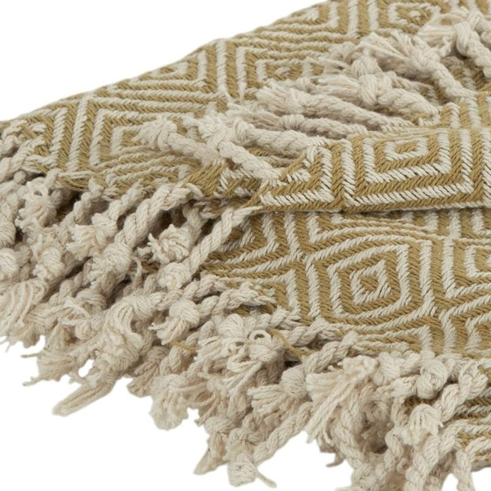 50" X 60" Natural Cotton Woven Geometric Throw Blanket with Fringe HomeRoots