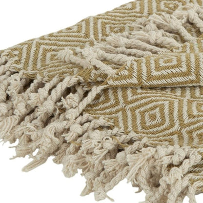 50" X 60" Natural Cotton Woven Geometric Throw Blanket with Fringe HomeRoots