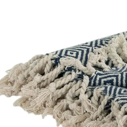 50" X 60" Navy Blue Cotton Woven Geometric Throw Blanket with Fringe HomeRoots