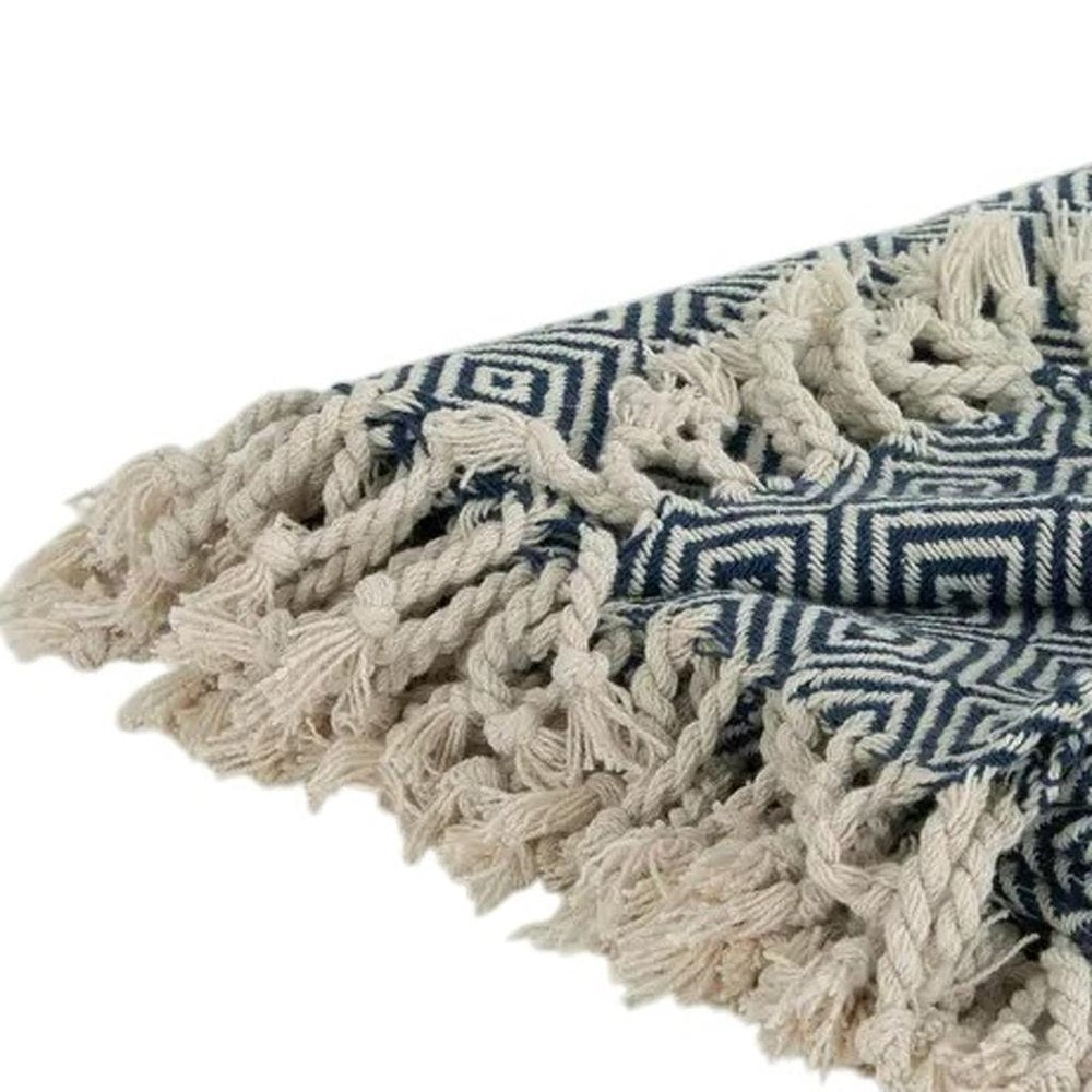 50" X 60" Navy Blue Cotton Woven Geometric Throw Blanket with Fringe HomeRoots