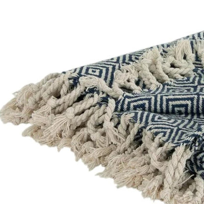 50" X 60" Navy Blue Cotton Woven Geometric Throw Blanket with Fringe HomeRoots