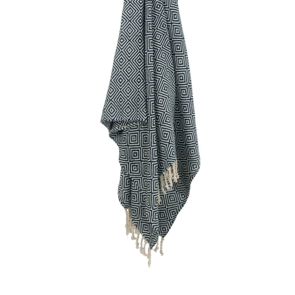 50" X 60" Navy Blue Cotton Woven Geometric Throw Blanket with Fringe HomeRoots