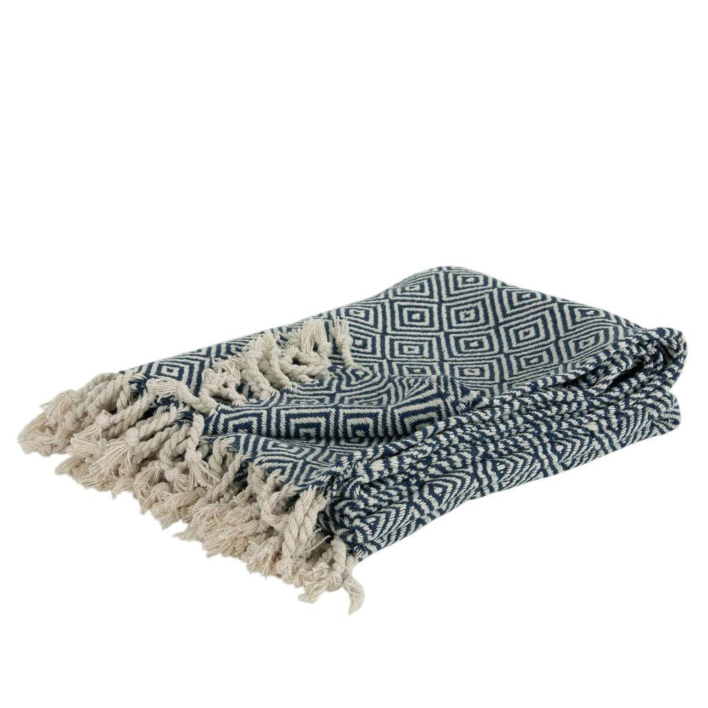 50" X 60" Navy Blue Cotton Woven Geometric Throw Blanket with Fringe HomeRoots
