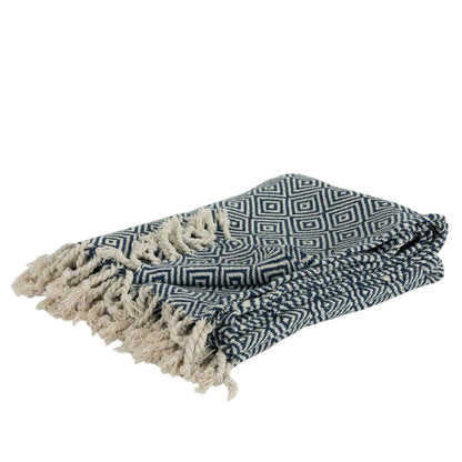50" X 60" Navy Blue Cotton Woven Geometric Throw Blanket with Fringe HomeRoots