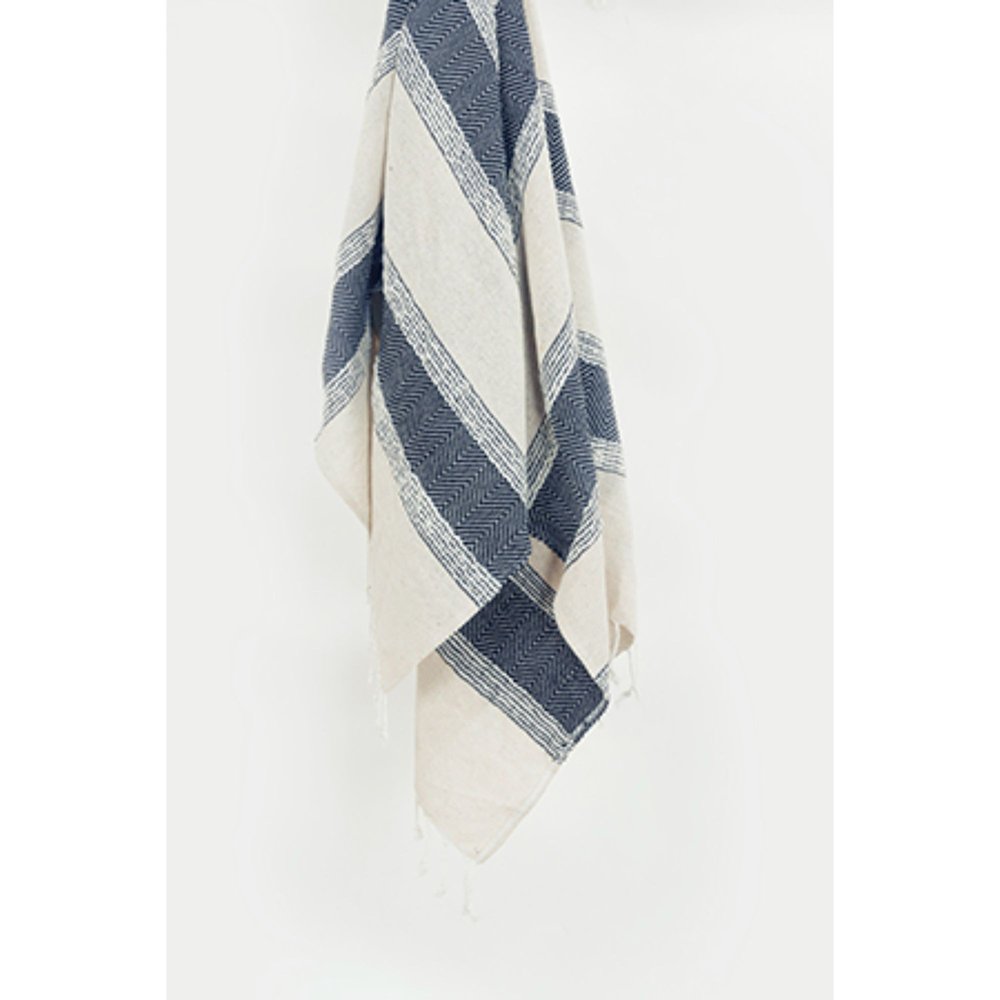 50" X 60" Blue And Ivory Cotton Woven Striped Throw Blanket with Fringe HomeRoots