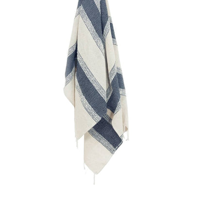 50" X 60" Blue And Ivory Cotton Woven Striped Throw Blanket with Fringe HomeRoots