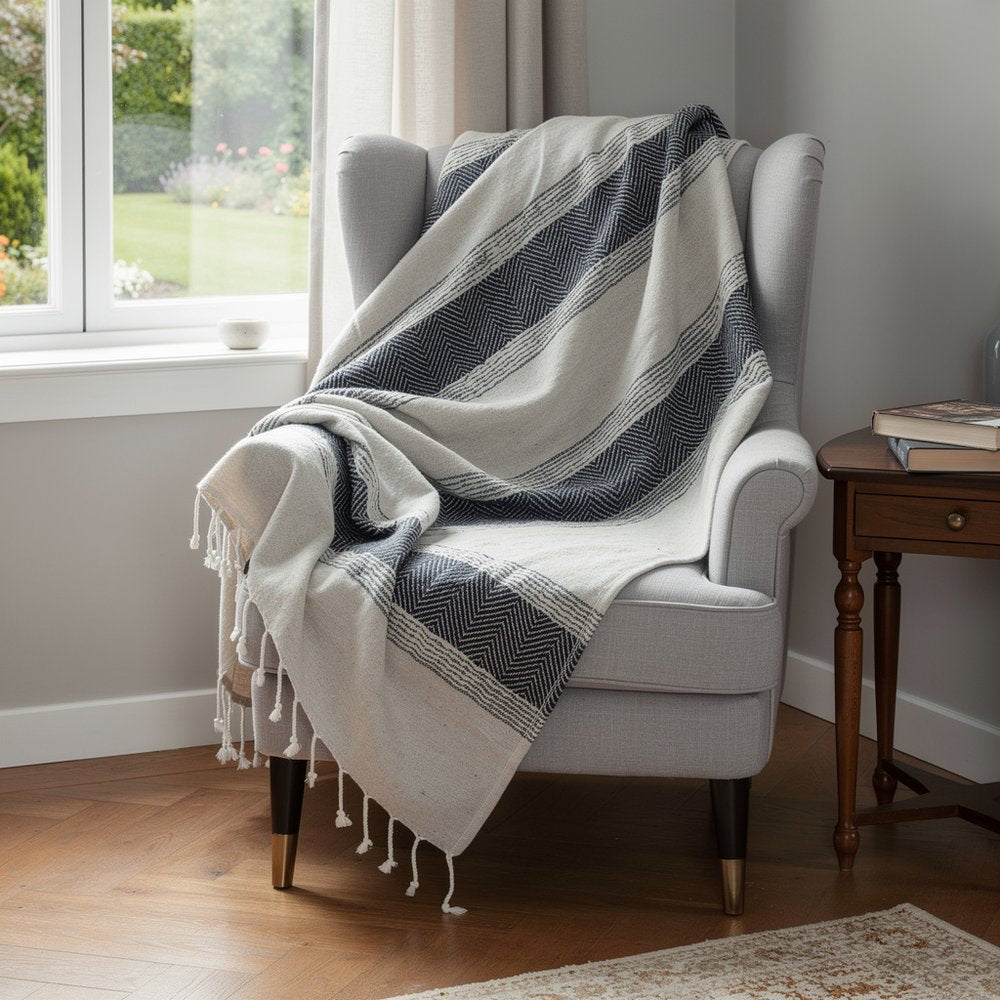 50" X 60" Blue And Ivory Cotton Woven Striped Throw Blanket with Fringe HomeRoots