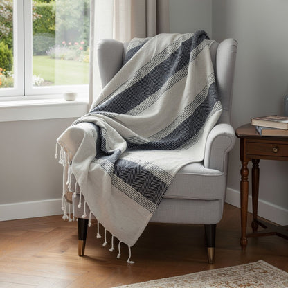50" X 60" Blue And Ivory Cotton Woven Striped Throw Blanket with Fringe HomeRoots