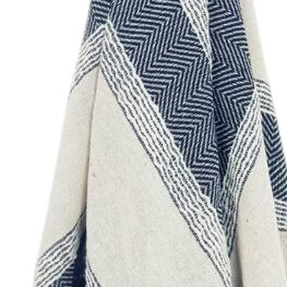 50" X 60" Blue And Ivory Cotton Woven Striped Throw Blanket with Fringe HomeRoots