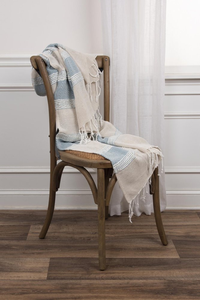 50" X 60" Aqua Cotton Woven Striped Throw Blanket with Fringe HomeRoots