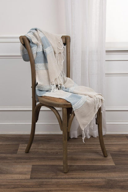 50" X 60" Aqua Cotton Woven Striped Throw Blanket with Fringe HomeRoots