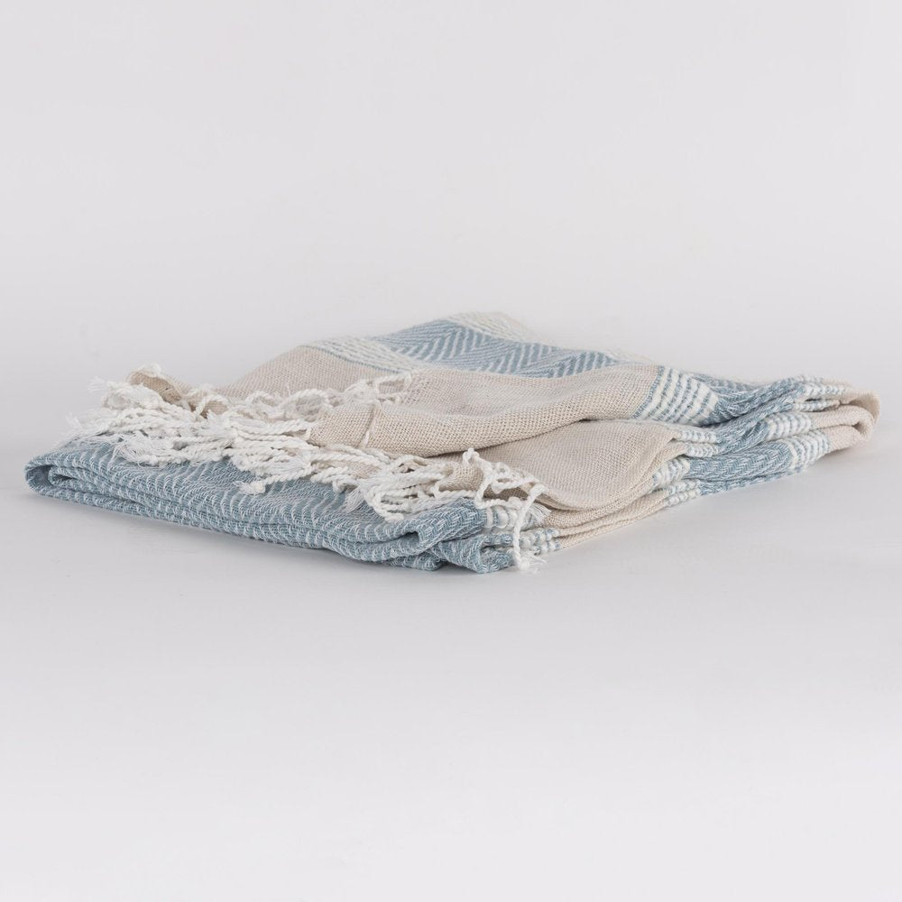 50" X 60" Aqua Cotton Woven Striped Throw Blanket with Fringe HomeRoots