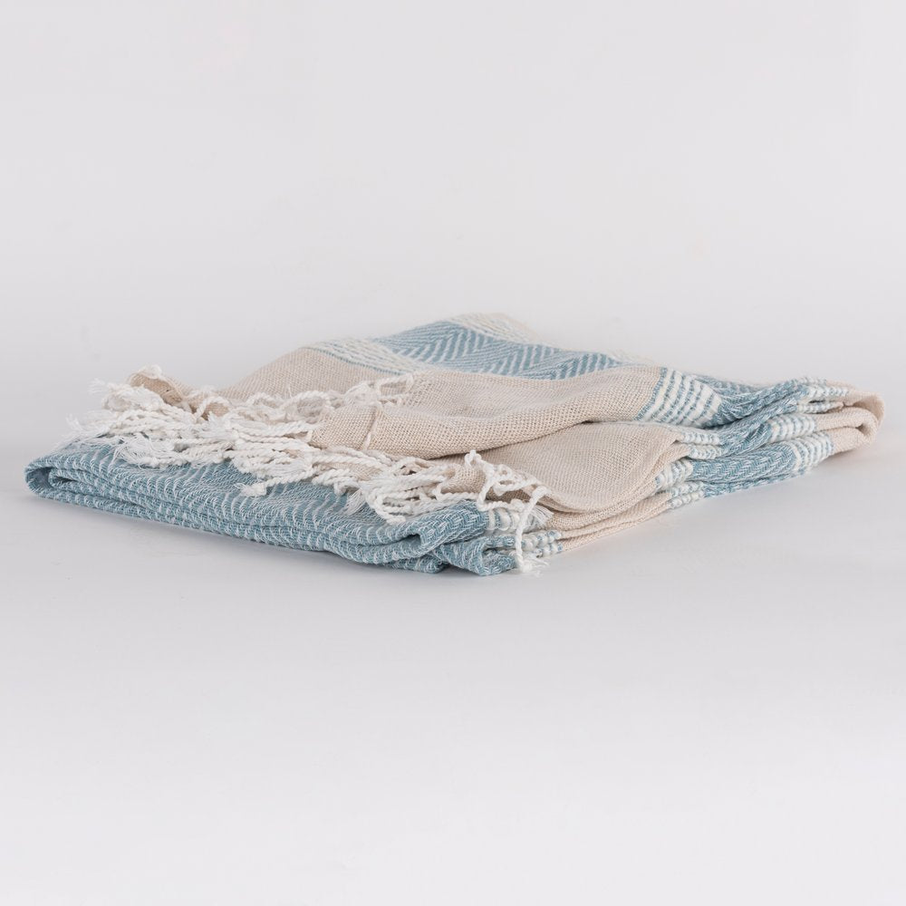 50" X 60" Aqua Cotton Woven Striped Throw Blanket with Fringe HomeRoots