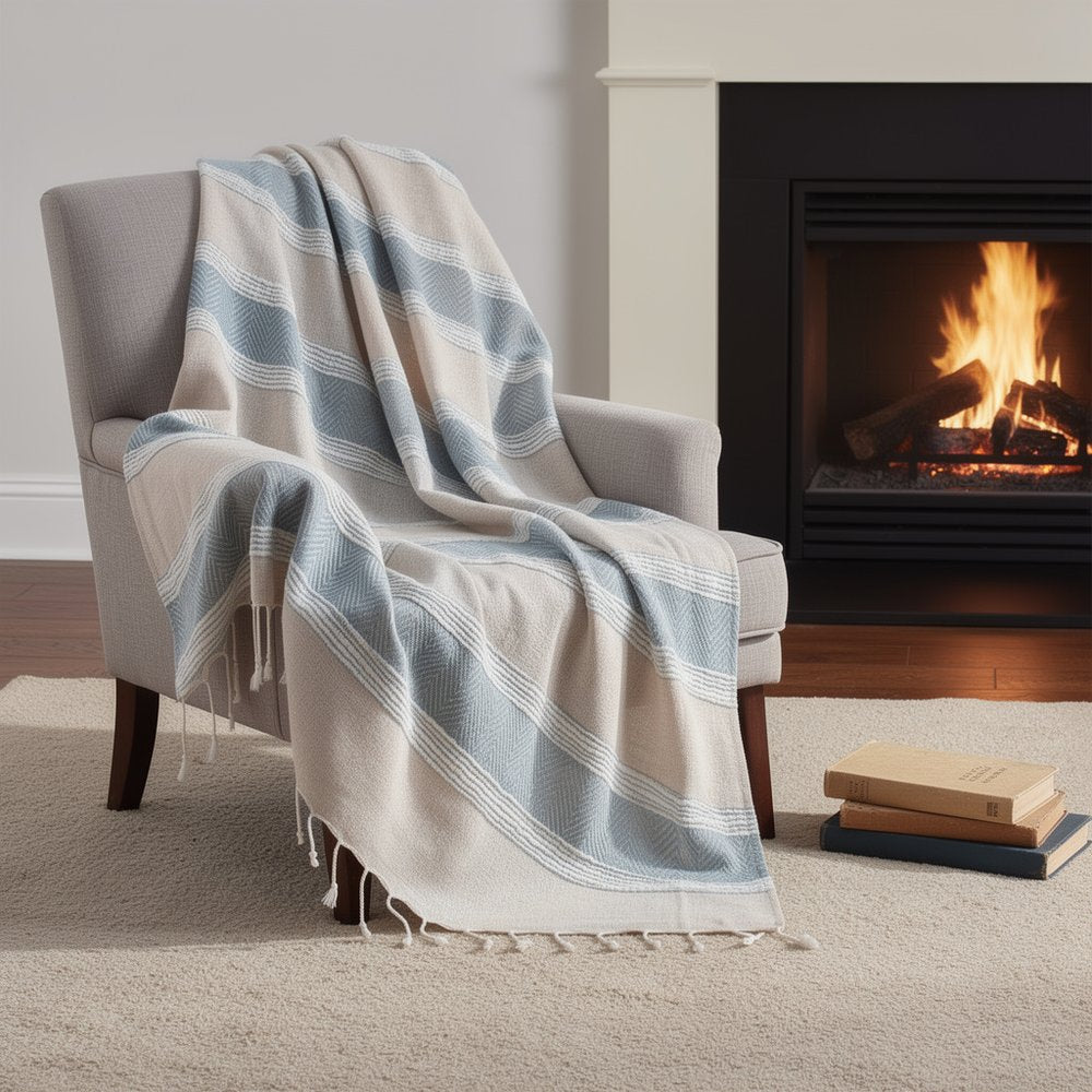 50" X 60" Aqua Cotton Woven Striped Throw Blanket with Fringe HomeRoots