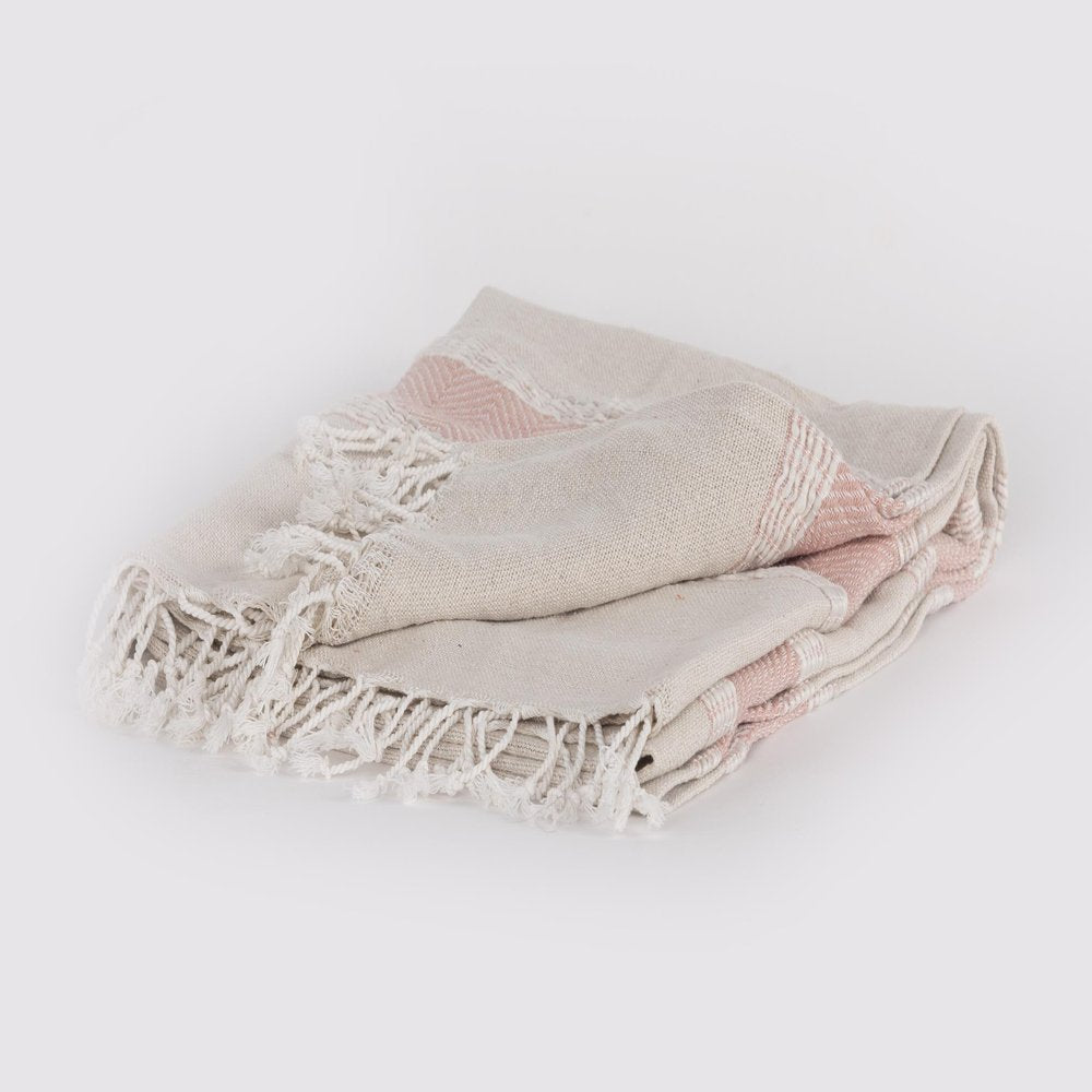 50" X 60" Beige And Pink Cotton Woven Striped Throw Blanket with Fringe HomeRoots