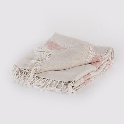50" X 60" Beige And Pink Cotton Woven Striped Throw Blanket with Fringe HomeRoots