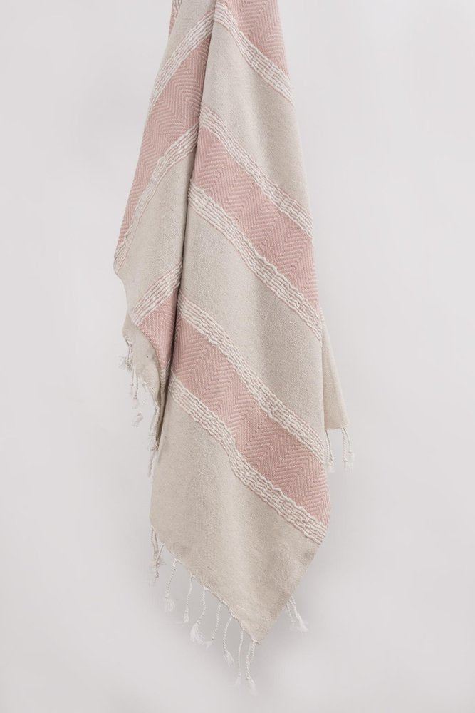 50" X 60" Beige And Pink Cotton Woven Striped Throw Blanket with Fringe HomeRoots