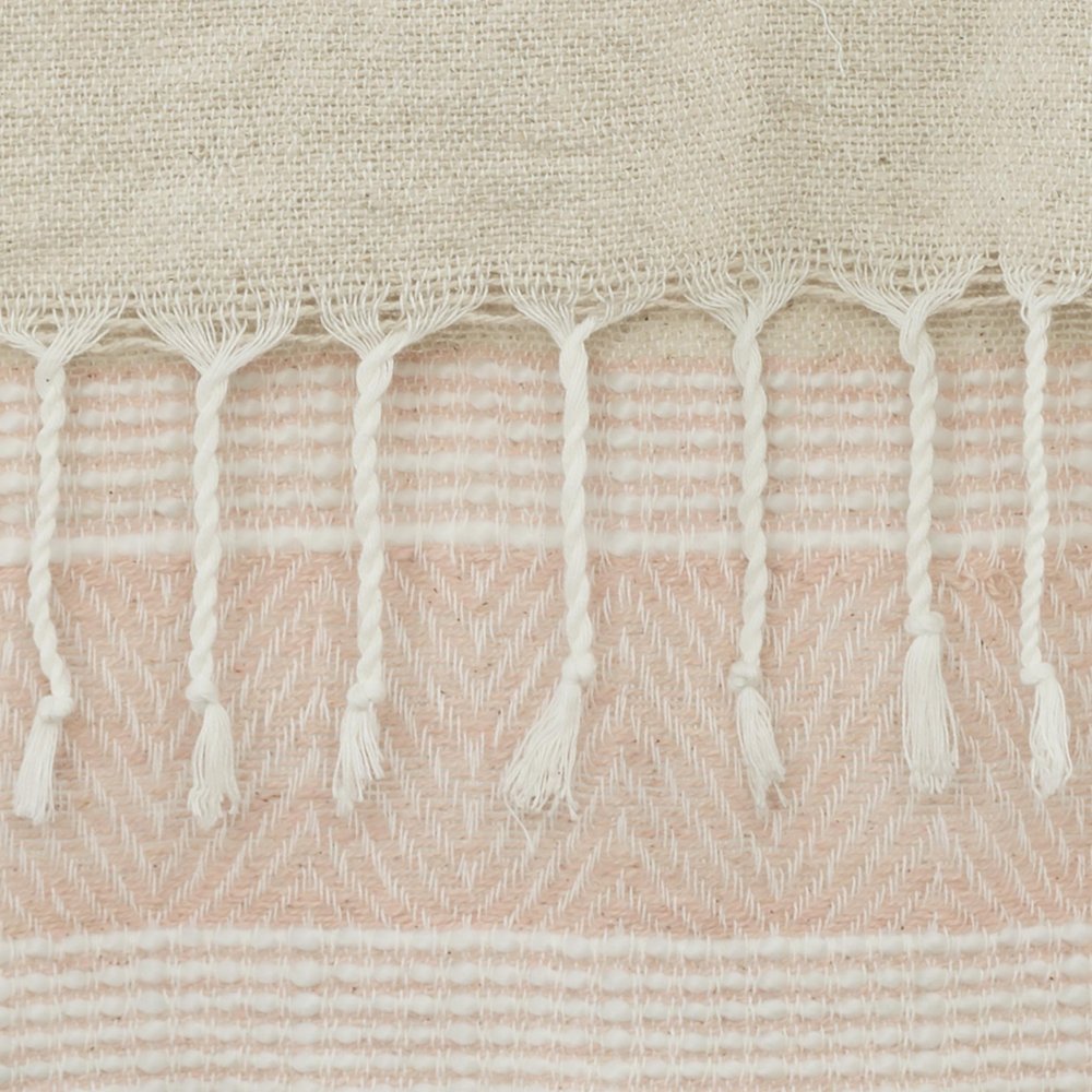 50" X 60" Beige And Pink Cotton Woven Striped Throw Blanket with Fringe HomeRoots