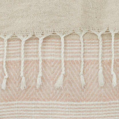 50" X 60" Beige And Pink Cotton Woven Striped Throw Blanket with Fringe HomeRoots