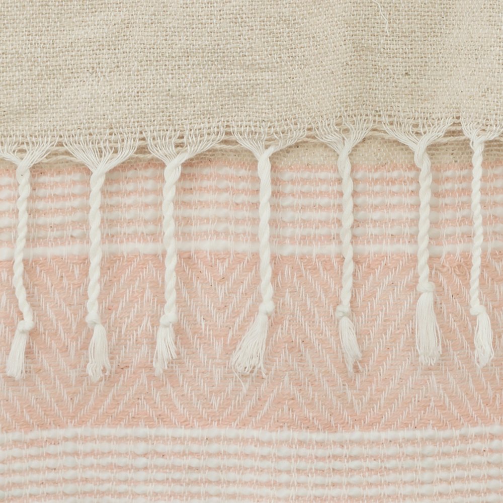 50" X 60" Beige And Pink Cotton Woven Striped Throw Blanket with Fringe HomeRoots