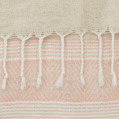 50" X 60" Beige And Pink Cotton Woven Striped Throw Blanket with Fringe HomeRoots
