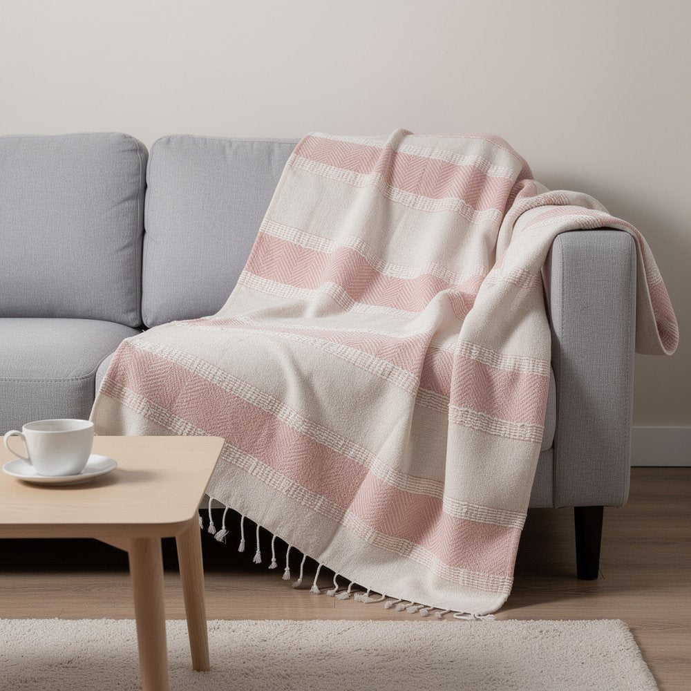 50" X 60" Beige And Pink Cotton Woven Striped Throw Blanket with Fringe HomeRoots