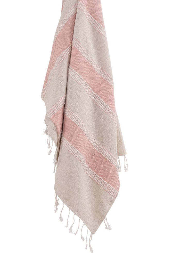 50" X 60" Beige And Pink Cotton Woven Striped Throw Blanket with Fringe HomeRoots