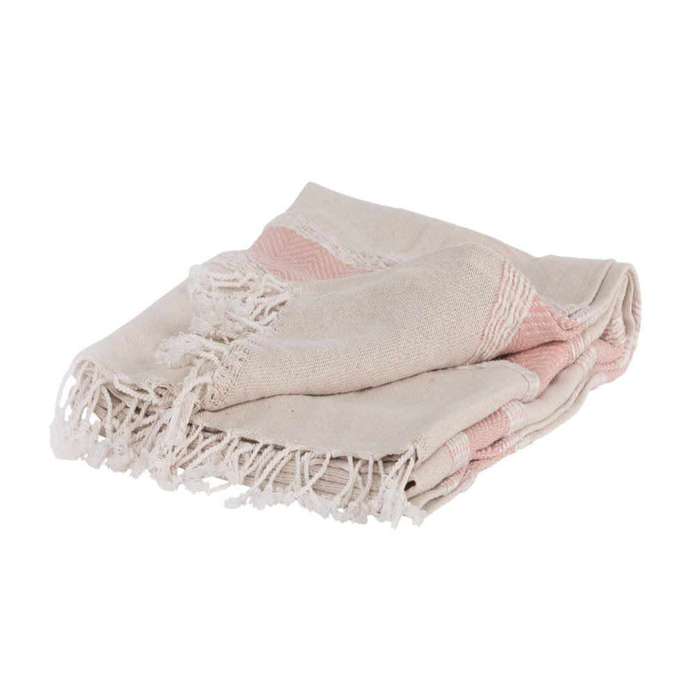 50" X 60" Beige And Pink Cotton Woven Striped Throw Blanket with Fringe HomeRoots