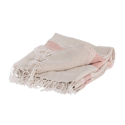50" X 60" Beige And Pink Cotton Woven Striped Throw Blanket with Fringe HomeRoots