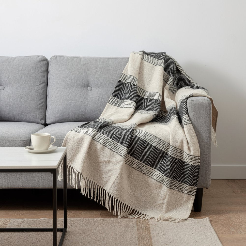 50" X 60" Black Cotton Woven Striped Throw Blanket with Fringe HomeRoots