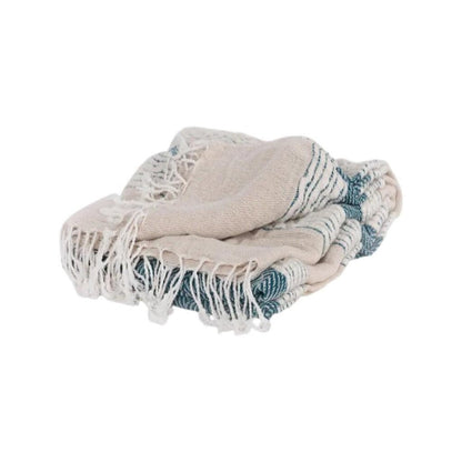 50" X 60" Teal And Blue Cotton Woven Striped Throw Blanket with Fringe HomeRoots