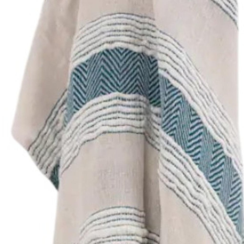 50" X 60" Teal And Blue Cotton Woven Striped Throw Blanket with Fringe HomeRoots