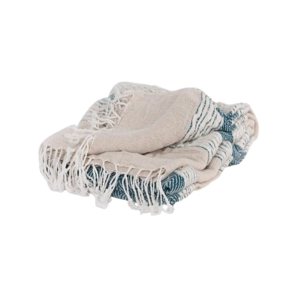 50" X 60" Teal And Blue Cotton Woven Striped Throw Blanket with Fringe HomeRoots