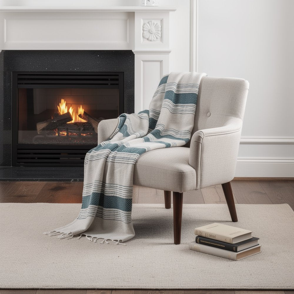 50" X 60" Teal And Blue Cotton Woven Striped Throw Blanket with Fringe HomeRoots