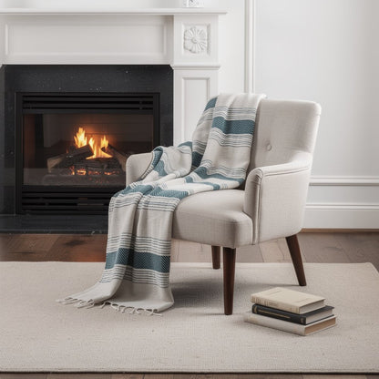 50" X 60" Teal And Blue Cotton Woven Striped Throw Blanket with Fringe HomeRoots