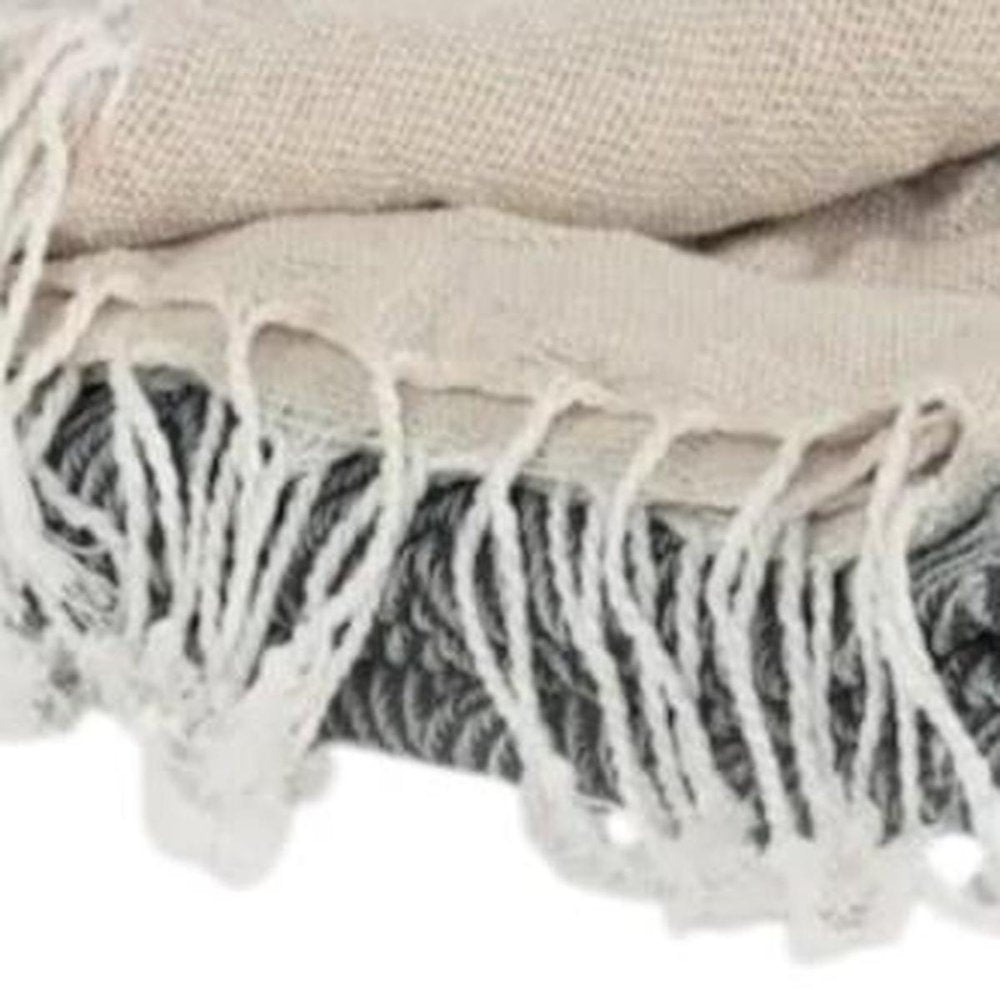 50" X 60" Gray Cotton Woven Striped Throw Blanket with Fringe HomeRoots