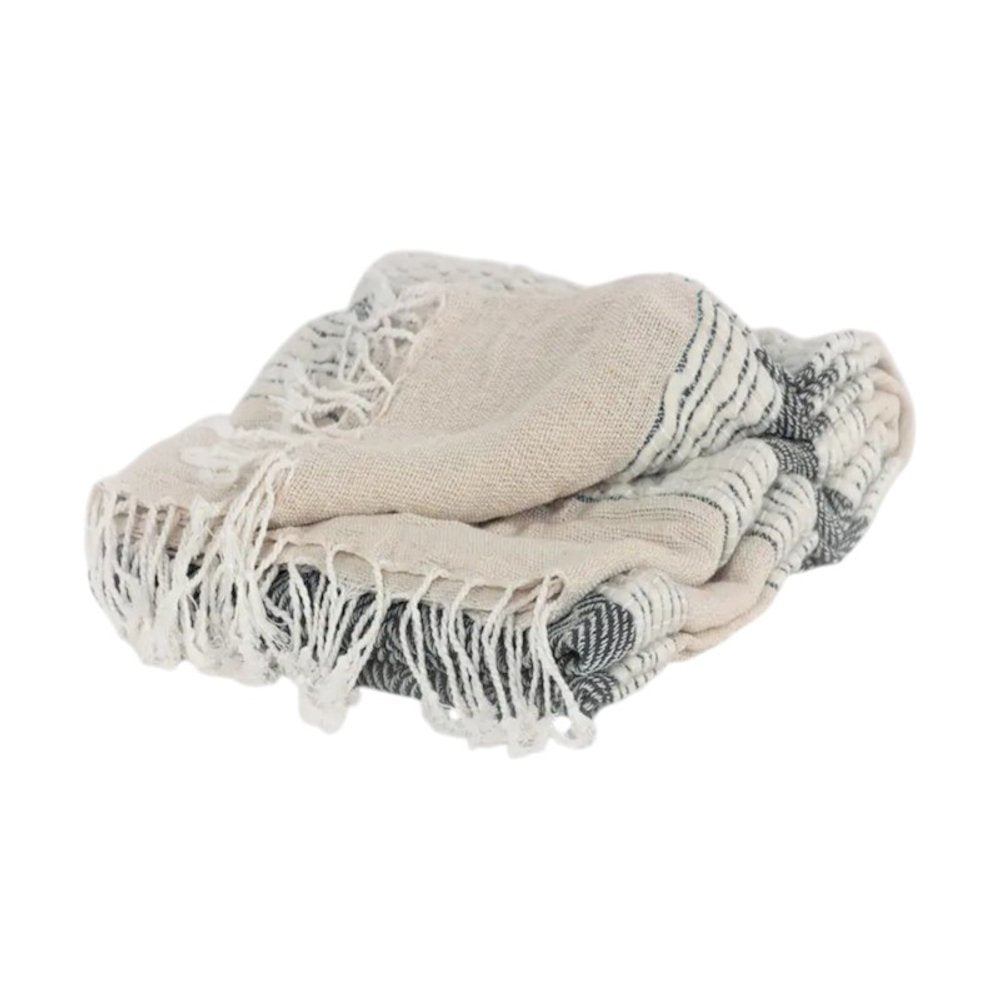 50" X 60" Gray Cotton Woven Striped Throw Blanket with Fringe HomeRoots
