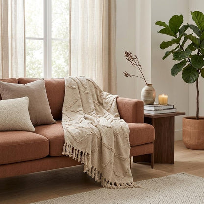 50" X 60" Natural Cotton Woven Floral Throw Blanket with Tassels and Fringe HomeRoots