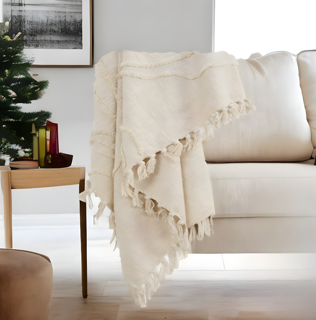 50" X 60" Natural Cotton Woven Floral Throw Blanket with Tassels and Fringe