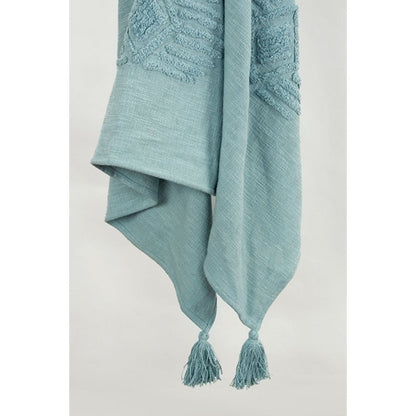 50" X 60" Teal And Blue Cotton Woven Ikat Throw Blanket with Fringe HomeRoots