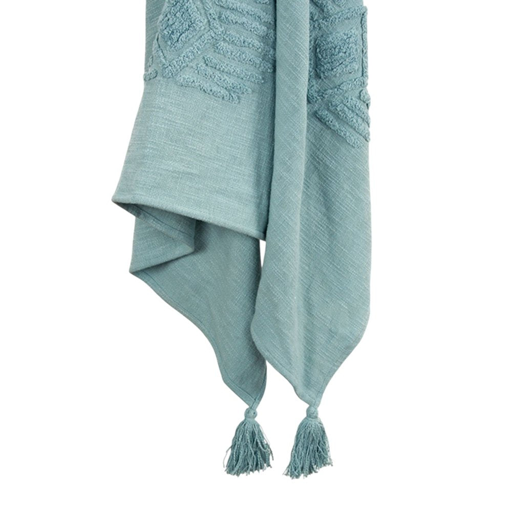 50" X 60" Teal And Blue Cotton Woven Ikat Throw Blanket with Fringe HomeRoots