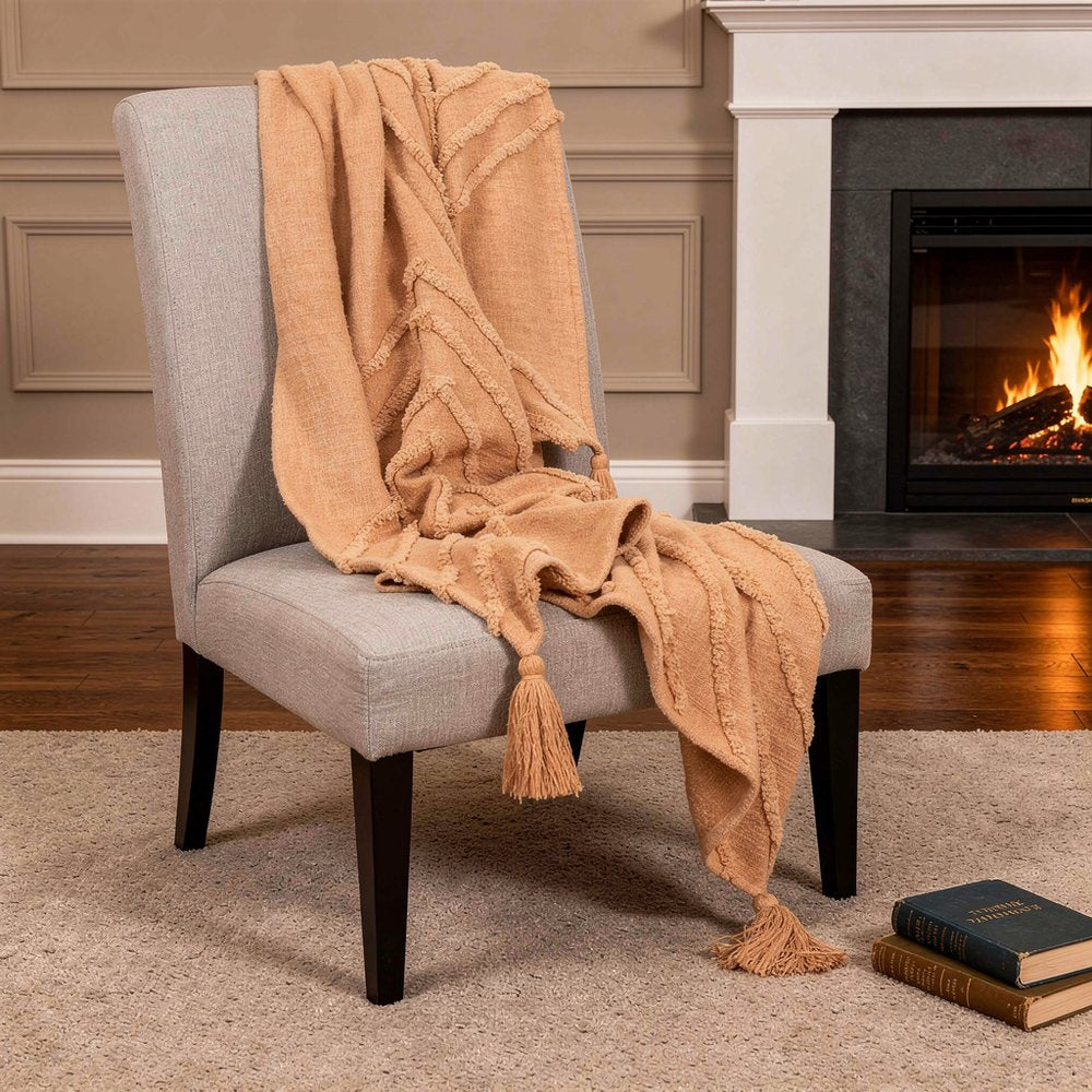 50" X 60" Terra Cotta Cotton Woven Geometric Throw Blanket with Fringe HomeRoots
