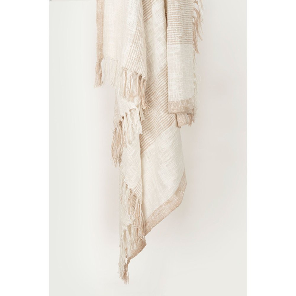 50" X 60" Ivory Cotton Woven Striped Throw Blanket with Fringe HomeRoots