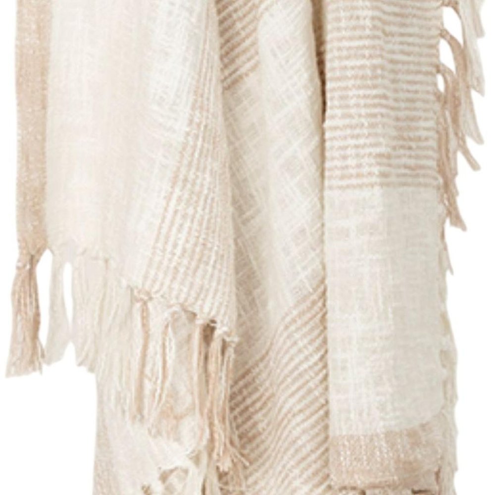 50" X 60" Ivory Cotton Woven Striped Throw Blanket with Fringe HomeRoots
