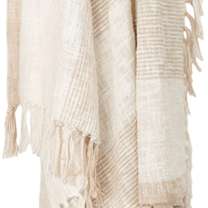 50" X 60" Ivory Cotton Woven Striped Throw Blanket with Fringe HomeRoots