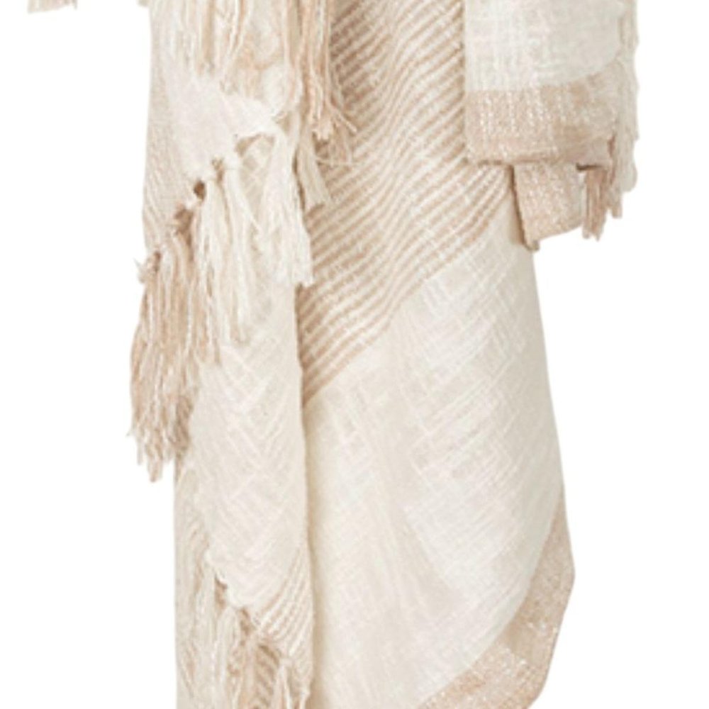 50" X 60" Ivory Cotton Woven Striped Throw Blanket with Fringe HomeRoots