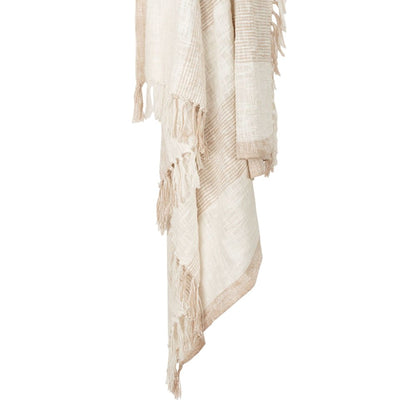 50" X 60" Ivory Cotton Woven Striped Throw Blanket with Fringe HomeRoots