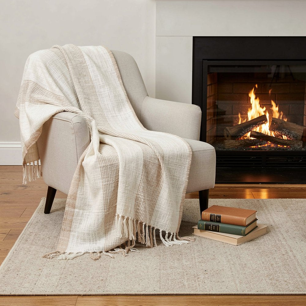 50" X 60" Ivory Cotton Woven Striped Throw Blanket with Fringe HomeRoots
